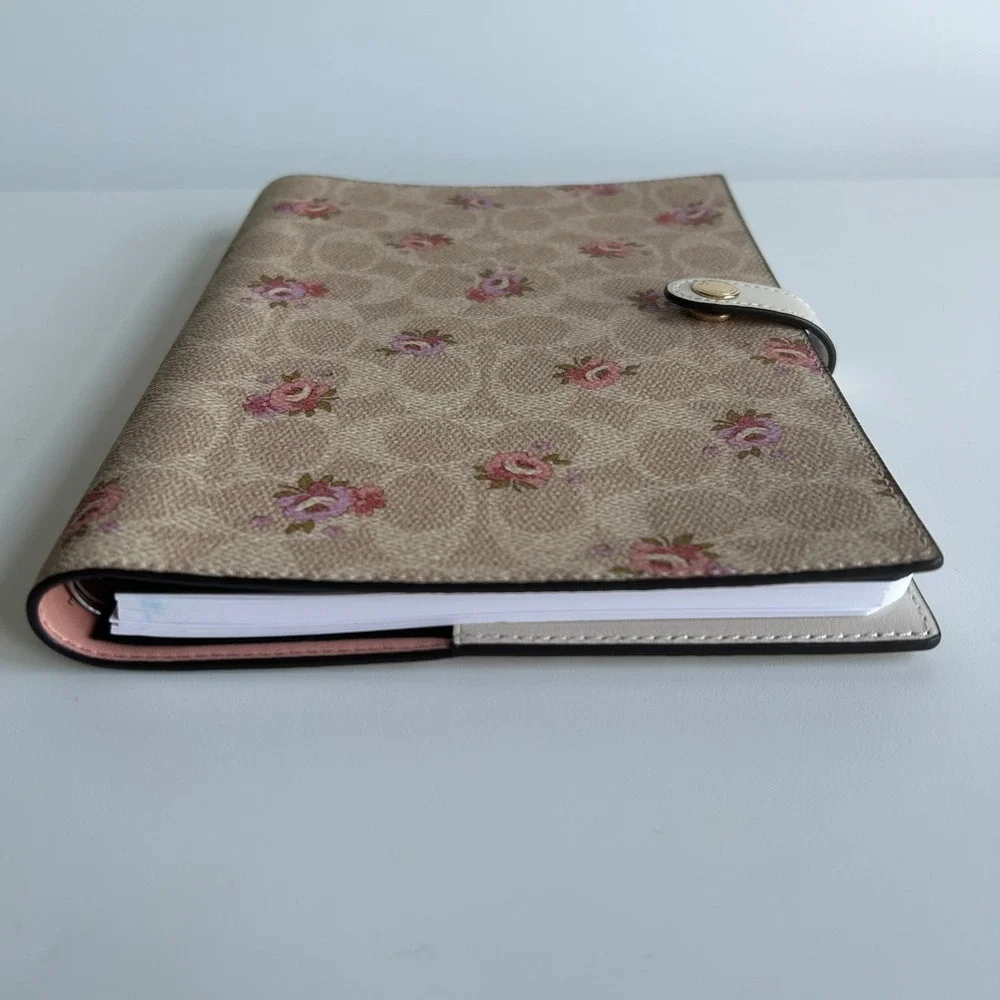 Coach Notebook Signature Canvas Floral Print Khaki Pink Leather Cover CA058